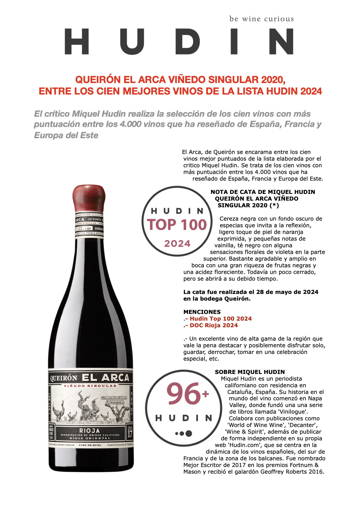 Queirón El Arca 2020 seleccionado entre los cien mejores vinos